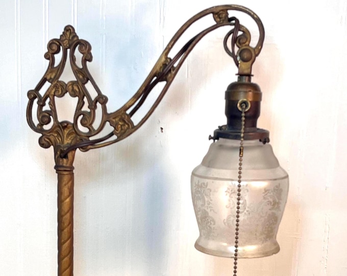 Featured listing image: 1920's Cast Iron Bridge Arm Floor Lamp W/ Ornate Footed Base & Jadeite