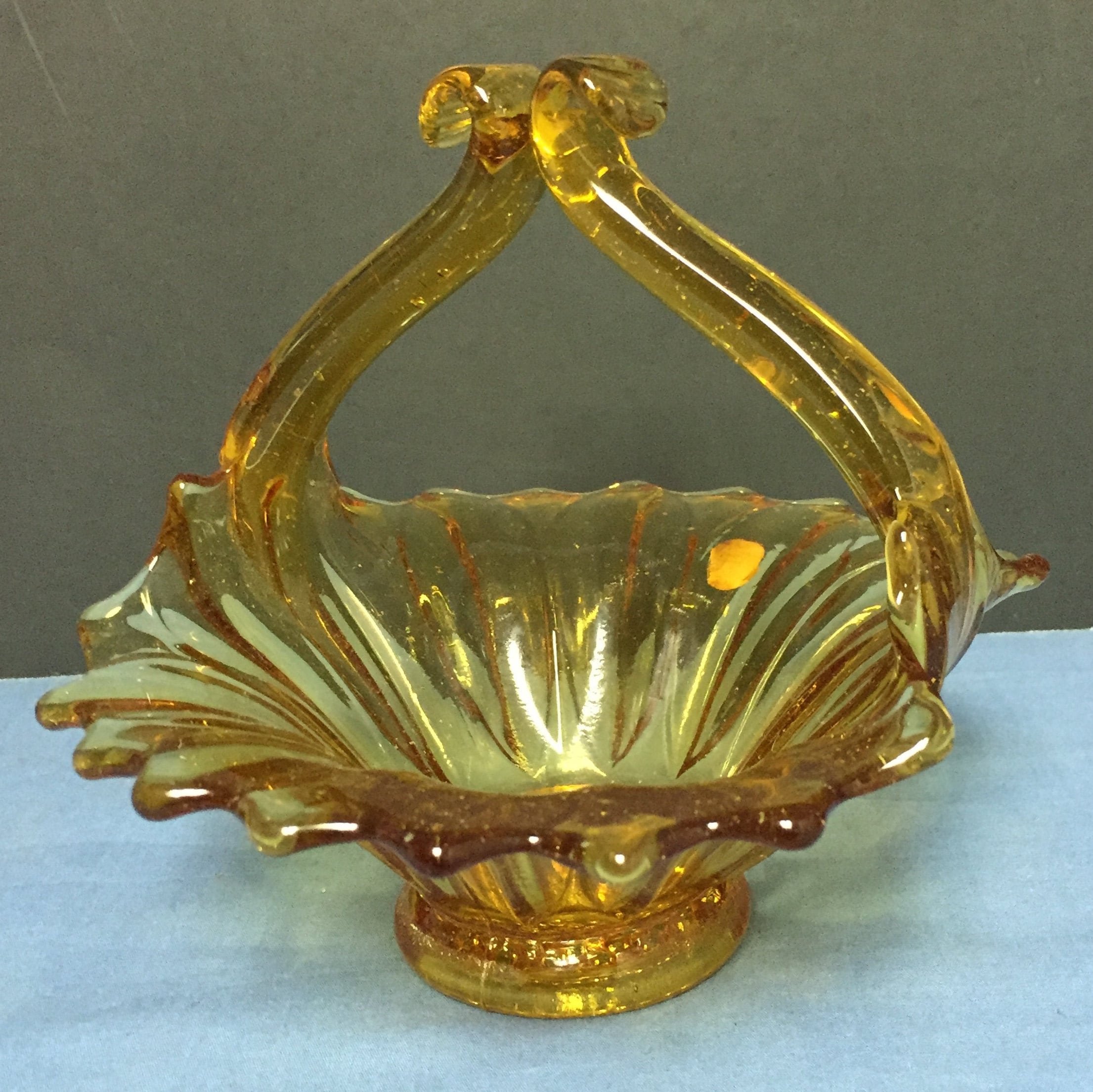 Amber, Blown Glass, Basket, Sunflower Basket, Scalloped Edge Glass