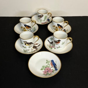 Puede incluir: Juego de seis tazas de té y platillos de porcelana blanca con ribete dorado. Cada taza y platillo presenta una ilustración de pájaro diferente con flores y hojas coloridas.