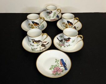 Limoges Castel Demitasse Cups and Saucers with Birds and Flowers,  5 Cups and 6 Saucers