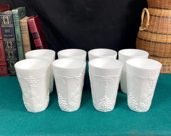 8 Indiana, Colony Harvest Milk Glass Tumblers, Grapes and Leaves, 10 oz Juice Glasses