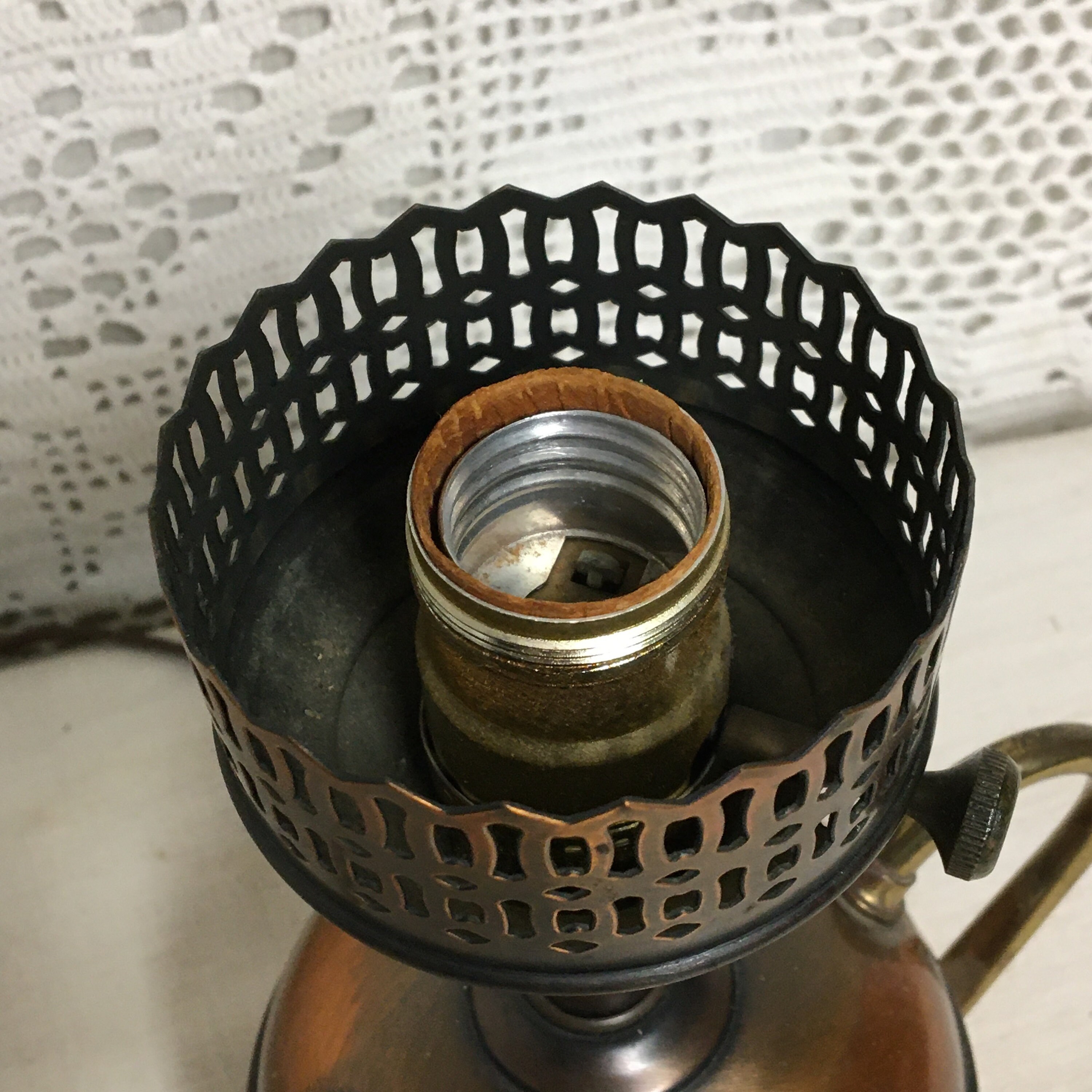 Mid Century Copper Teapot Electric Table Lamp with Glass Chimney, Night