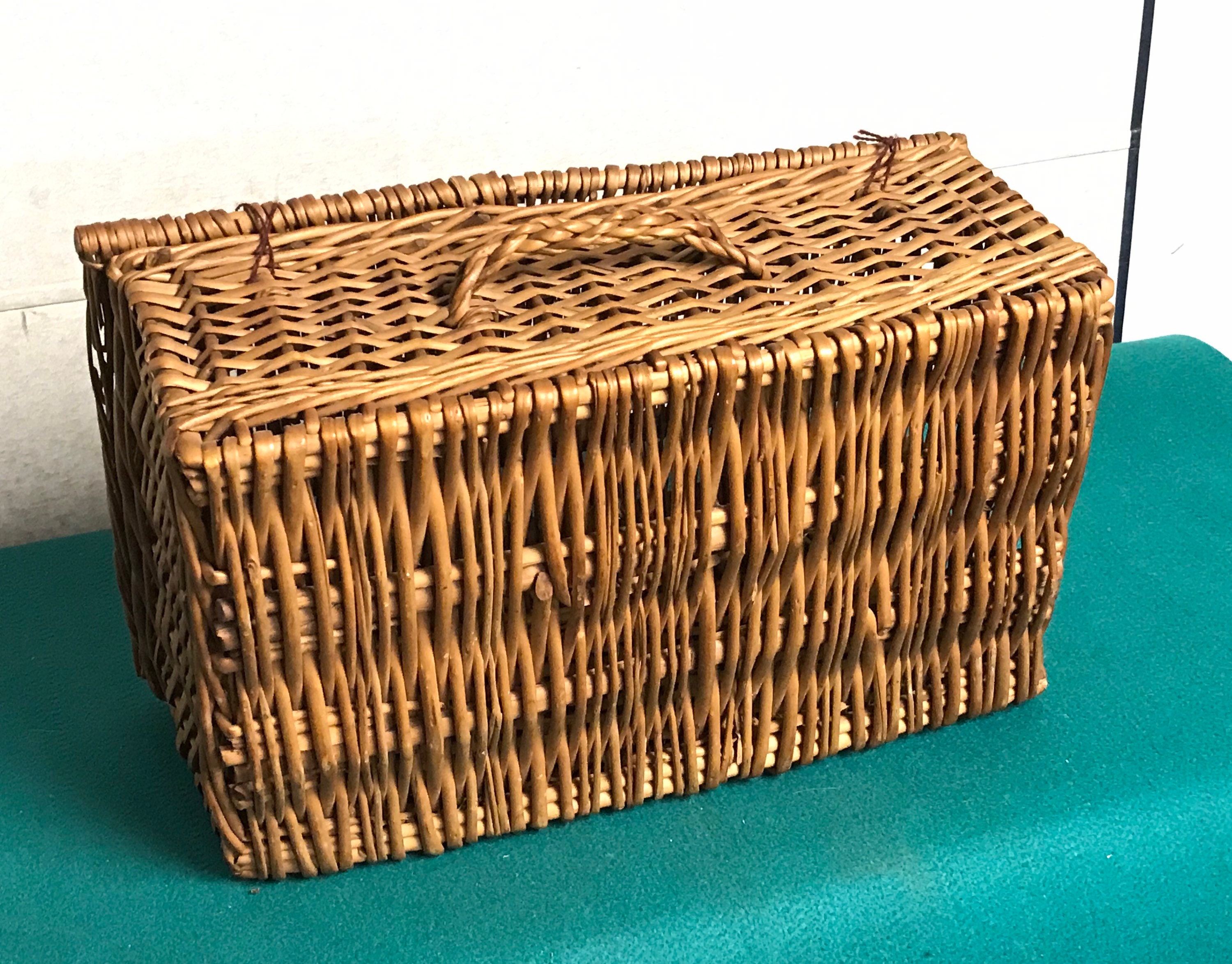 Vintage Wicker Rattan Basket with Hinged Lid, French
