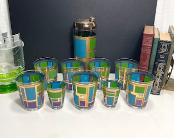 MCM, Pasinski Cocktail Glasses, Set of Nine (9), With Cocktail Shaker, Geometric Mosaic Style with 22K Gold