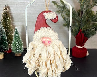 Wooden Santa Head Ornament with Rag Strip Beard
