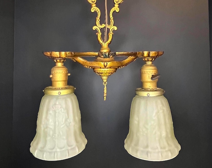 Featured listing image: Antique 2 Light Chandelier Pendant Light: Acid Etched Glass Shades,  REWIRED