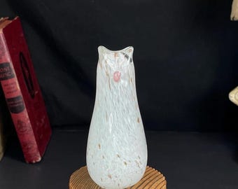 Hand Blown, White with Gold Swirl, Art Glass Cat, Abstract Figurine, Paperweight