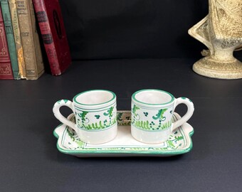 Italian Ceramic Espresso Set, Firenze Pottery, Hand Painted Green and White Mini Cups on Matching Tray
