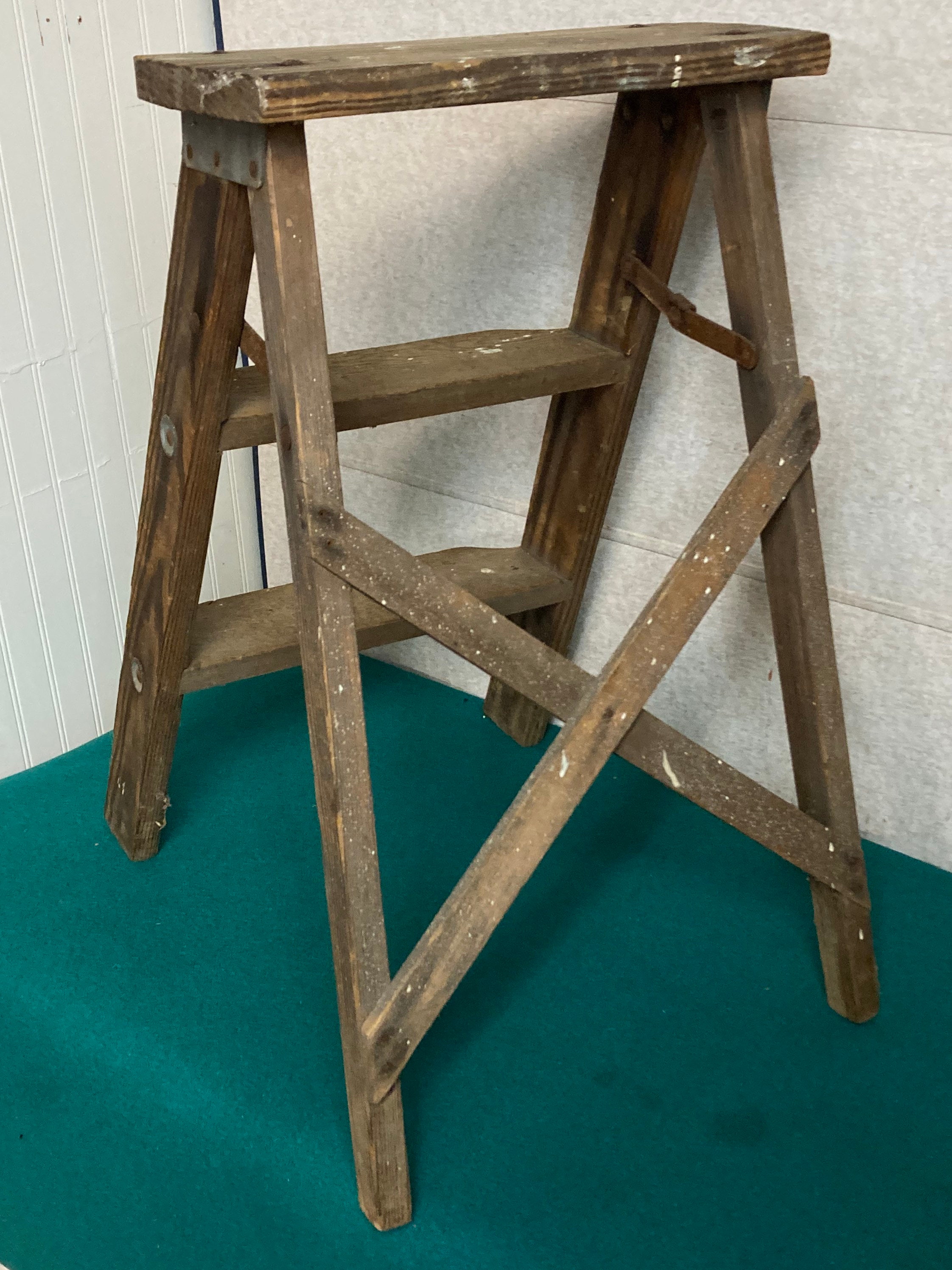 1960's Small Shabby Wooden Step Stool Ladder, Folding Step Stool