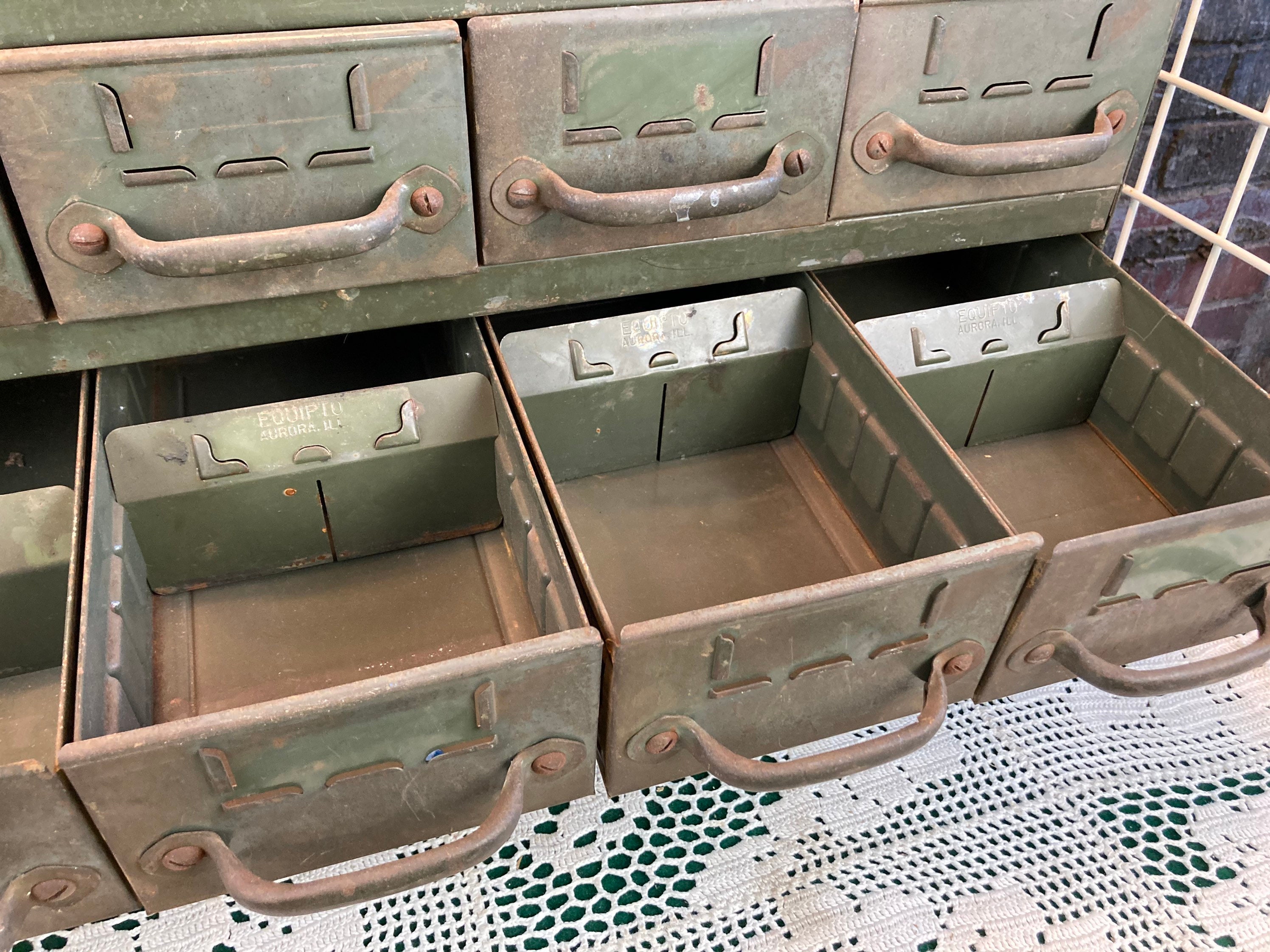 Vintage EQUIPTO Green Industrial 18 Drawer Steel Parts Cubby