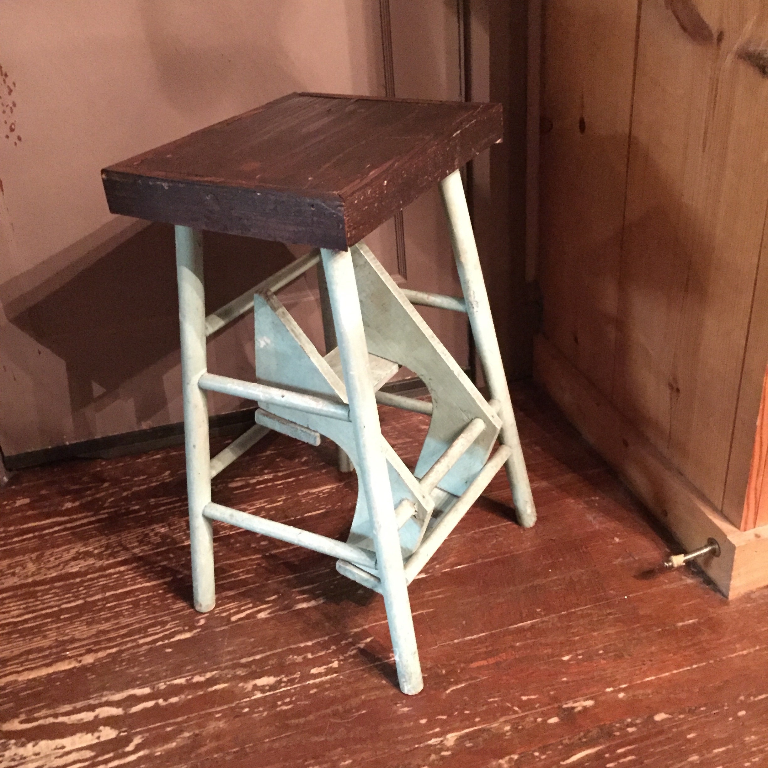 Unique Vintage Wooden Stool with 2 Folding Steps, Step Stool, Plant ...