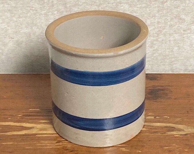 Vintage Blue Band Stoneware Crock, Unmarked, Salt Glazed Pottery