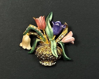 Multi Colored Flower Basket Pin with Rhinestones