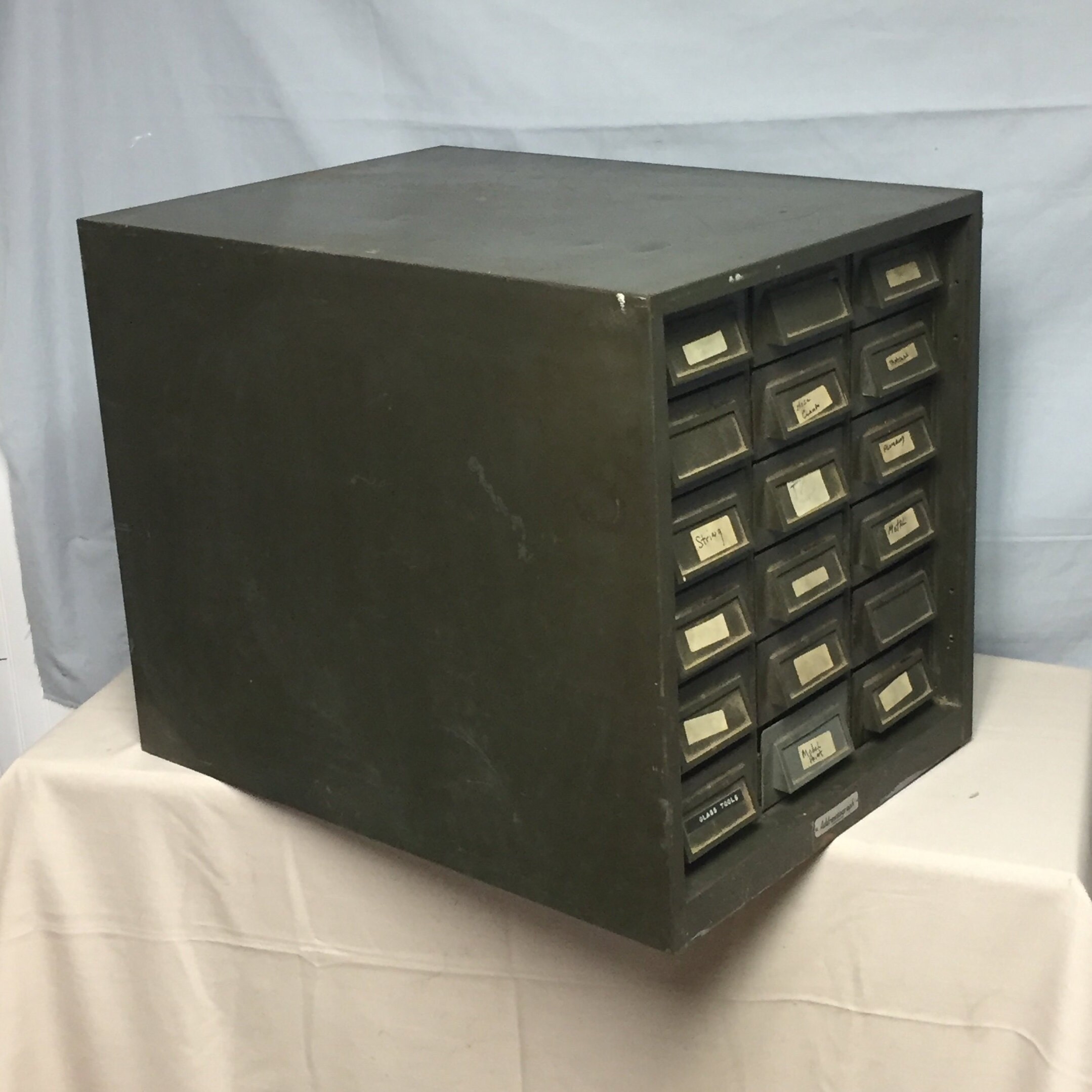 Vintage Industrial Green 18 Drawer Steel Parts Cabinet Parts