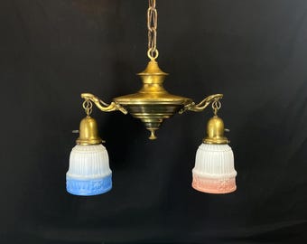 1920''s Brass Chandelier Hanging Pendant Light Fixture W/ Pink and Blue Frosted Glass Shades, Victorian Lighting