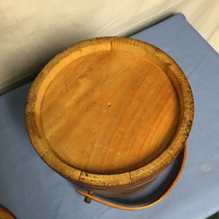Mid Century Wooden Sewing Bucket with Removable Lid, Wood Sewing Basket, Firkin Style Barrel