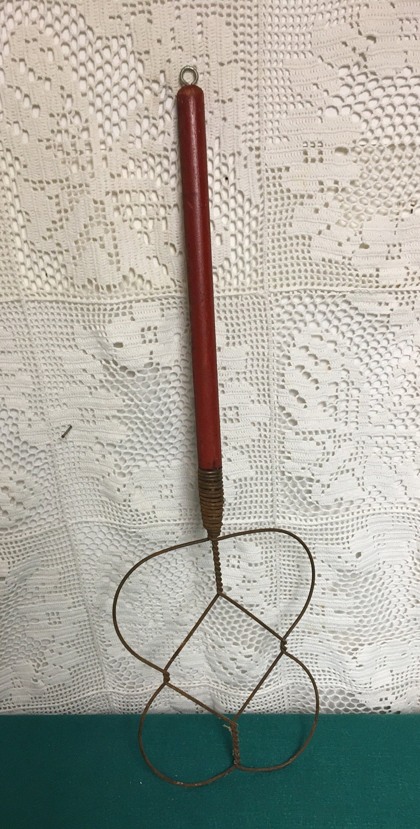 Antique 1920's Twisted Wire Rug Beater with Red Wooden Handle