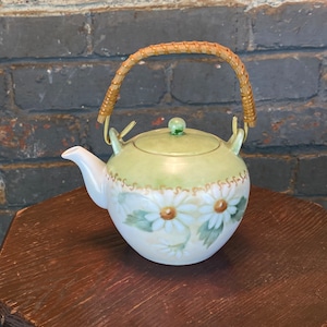 Hand Painted Teapot, Asian Style Teapot with Bamboo Handle