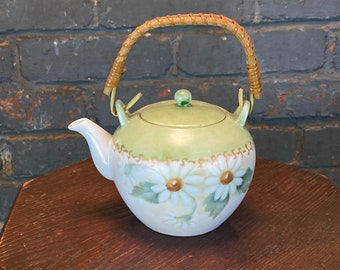 Hand Painted Teapot, Asian Style Teapot with Bamboo Handle