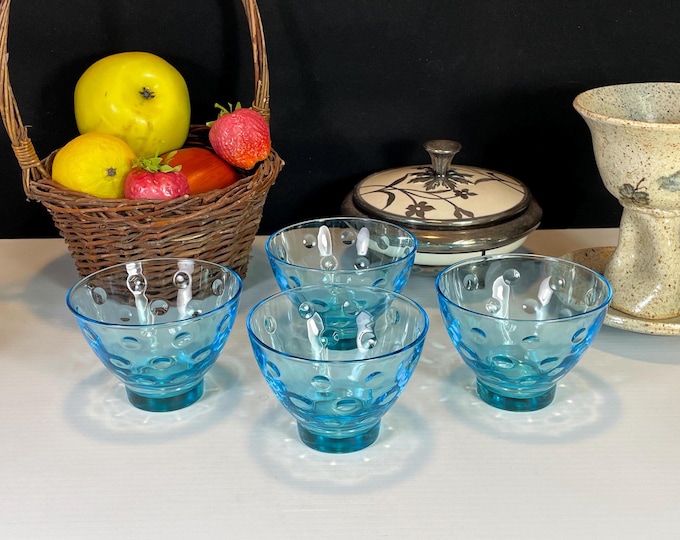 Featured listing image: Hazel Atlas Capri Dots, Turquoise / Blue, Old Fashioned Glasses, Fruit Bowls, Set of Four (4)