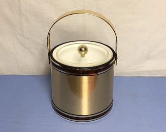 Georges Briard Ice Bucket, Brushed Gold Ice Bucket, Brown Trim, Made in U.S.A., Mid Century Champagne Bucket, Wine Bucket