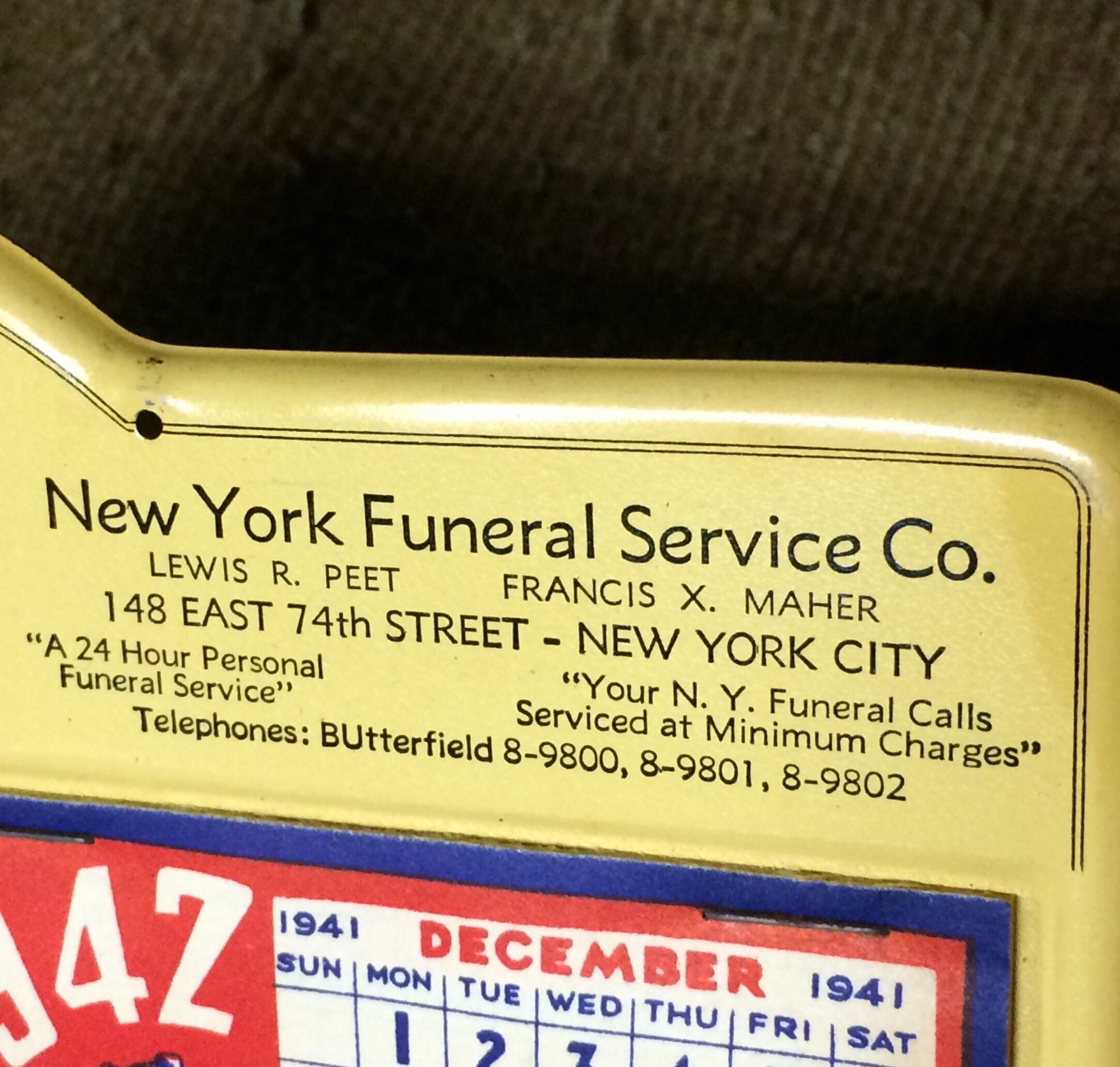 Antique 1942 Metal FUNERAL HOME Desk Calendar Advertising Sign w