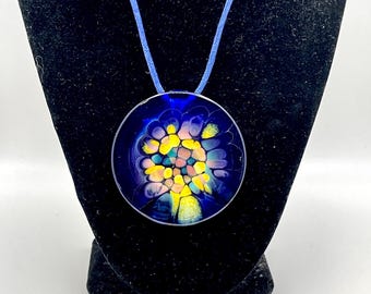 Glass Handmade Fused Glass Brooch, Cobalt Blue with Yellow and Pink
