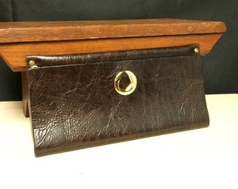 Moss Mills, Brown Leather, Fold Over Clutch, Purse, with Large Gold Stud and Small Gold Studs, Handmade Purse, Elegant Clutch