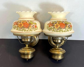 Pair (2) Mid Century Electric Hurricane Sconces: Painted Hurricane Shades