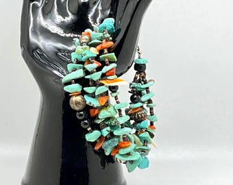 Turquoise, Coral and Spiny Shell Bead, 4 Strand Bracelet