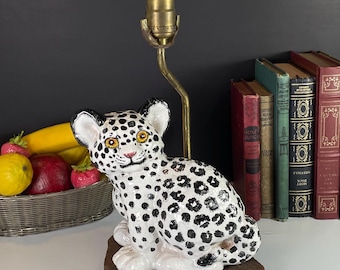 Snow Leopard, Hand Painted Italian Art Pottery, Mid Century Terra Cotta Table Lamp