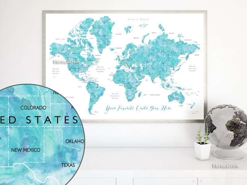 custom quote printable world map with countries and states