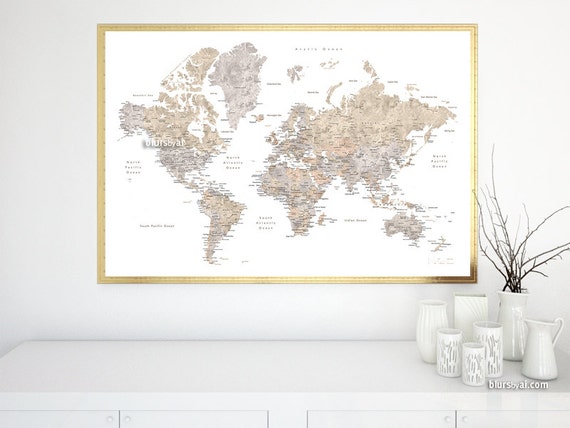 World map wall art detailed world map printable world map | Etsy