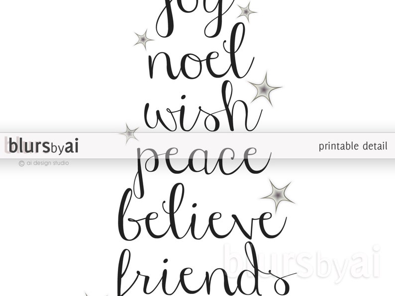 Christmas Printable Wall Art Words Tree With Stars Christmas Etsy