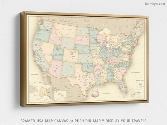 Framed push pin map USA travel gifts vintage map of the | Etsy