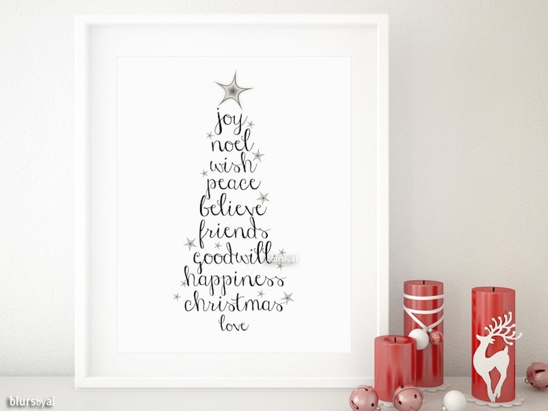 Christmas Printable Wall Art Words Tree With Stars Christmas Etsy