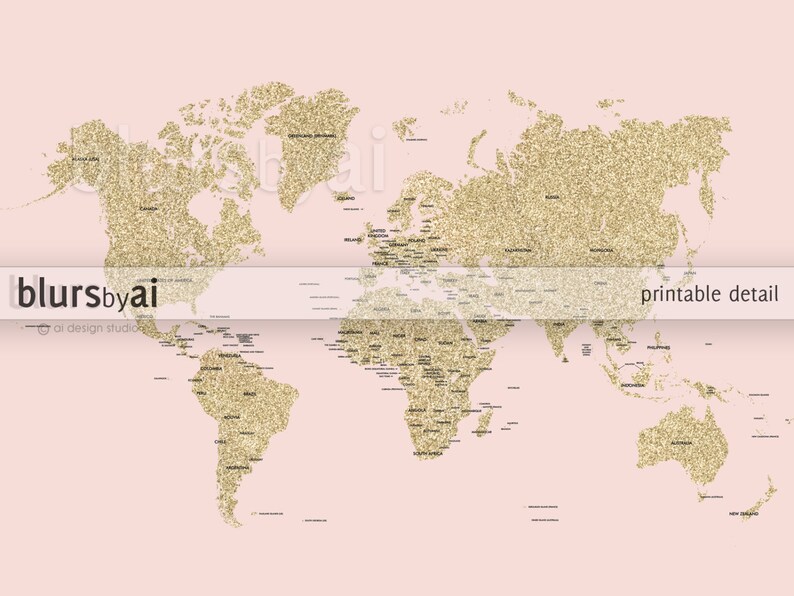 20x16 printable world map golden glitter world map with etsy