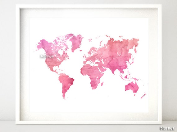 Printable watercolor world map pink world map print shades | Etsy