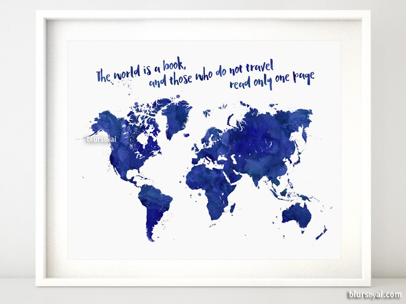 Printable world map navy blue watercolor map navy world map | Etsy