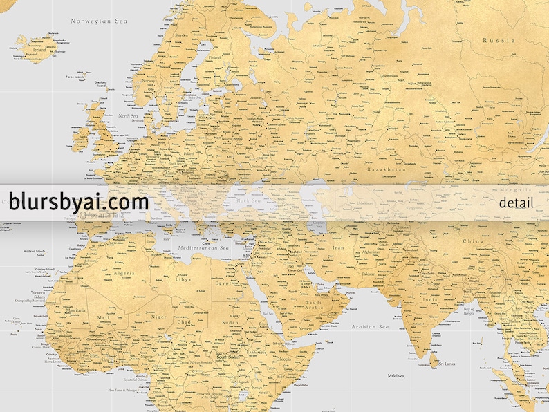 Extra large world map print custom map gold world map | Etsy