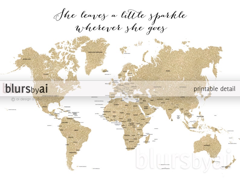 40x30 printable world map gold glitter map with etsy