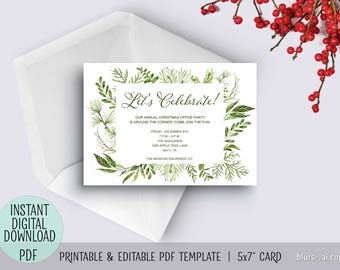 Printable holiday party invitation pdf TEMPLATE, Christmas invitation template, editable pdf template, greenery invitation, watercolor C045