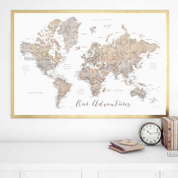 36x24" Printable world map with cities & capitals, diy travel pinboard, Our Adventures, watercolor world map in neutrals, for him map141 083