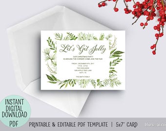 Printable Christmas party invitation pdf TEMPLATE, Let's Get Jolly, invitation template, editable pdf template, greenery invitation. C046