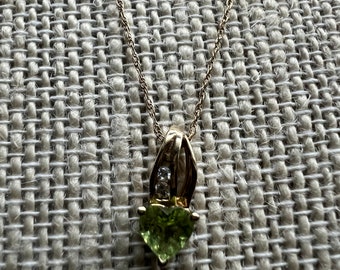 Vintage 10k Peridot Heart Shaped Gemstone Pendant with Diamonds 18" 10K Gold Chain Included