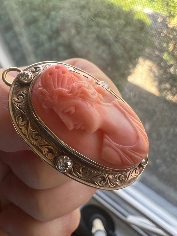 Antique Edwardian Carved Coral Cameo High Relief … - image 6