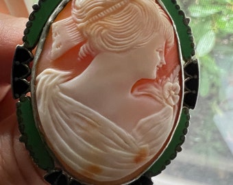 Antique Art Deco Shell Cameo with Enamel Design on Silver Mount, c 1925