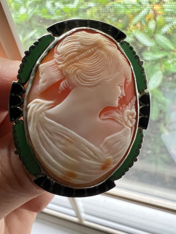 Antique Art Deco Shell Cameo with Enamel Design on