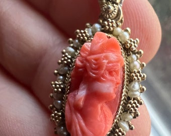 Antique Coral Cameo Goddess Pendant Gold Wash over Silver Setting, c 1920s