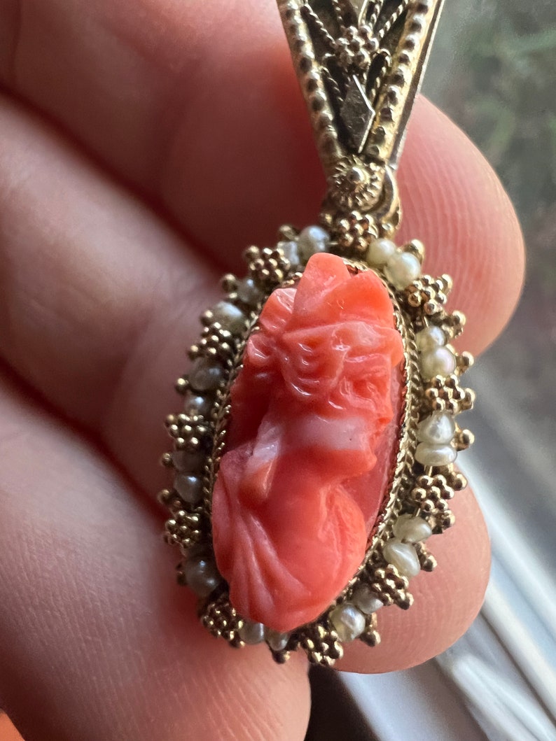 Antique Coral Cameo Goddess Pendant Gold Wash over Silver Setting, c 1920s image 1